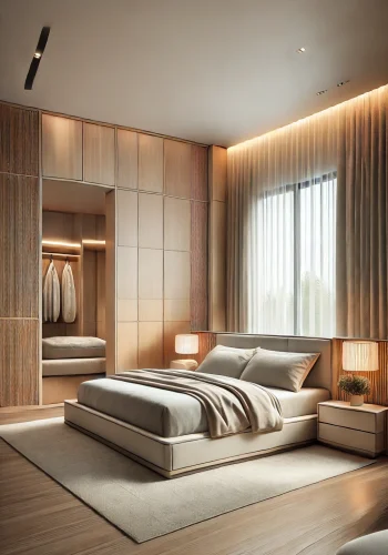 DALL·E 2024-10-14 13.55.13 - A modern, elegant bedroom with custom-made furniture. The room has a minimalist design featuring built-in wooden closets, a stylish bed with a neutral