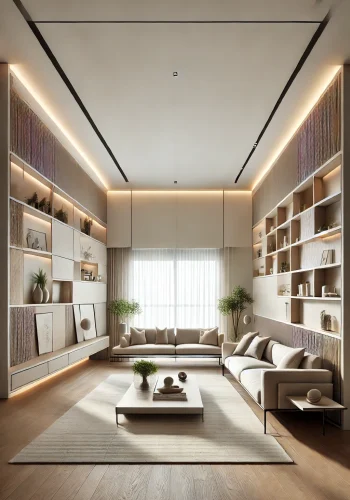 DALL·E 2024-10-14 14.11.53 - A modern and minimalist living room interior in a vertical format. The space features sleek wooden floors, a comfortable contemporary sofa with neutra