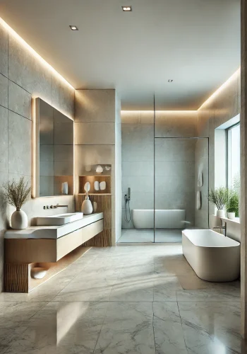 DALL·E 2024-10-14 14.14.36 - A modern and minimalist bathroom interior in a vertical format. The space features sleek stone or marble floors, a floating vanity with a large mirror